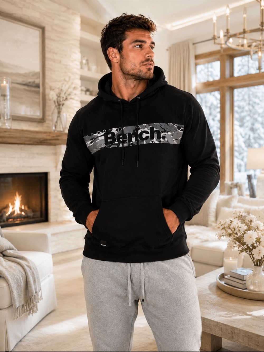Men’s Bench Black Hoodie with Gray Camo Logo Stripe🤠L